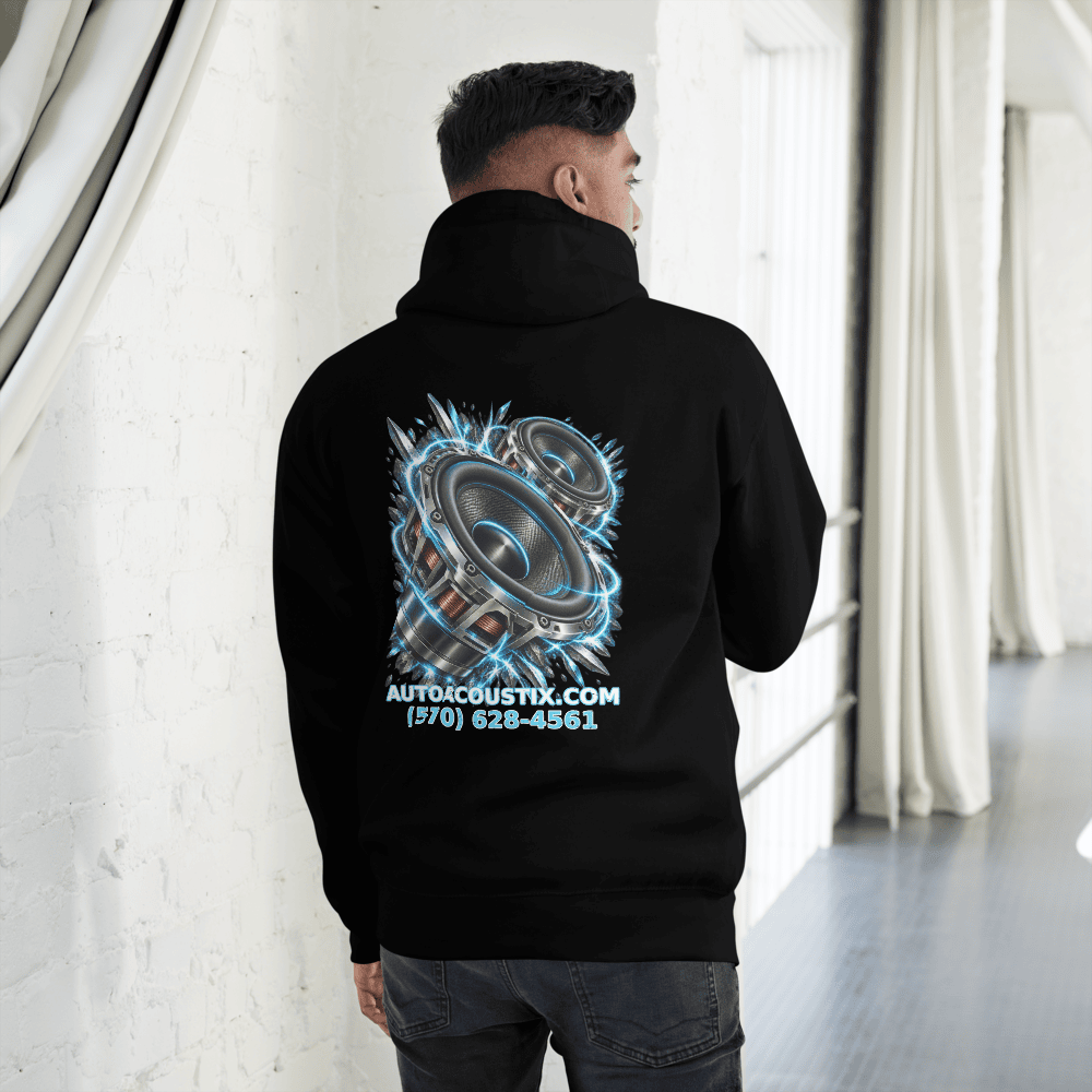 Back of Auto Acoustix Bass Impact hoodie with car audio artwork