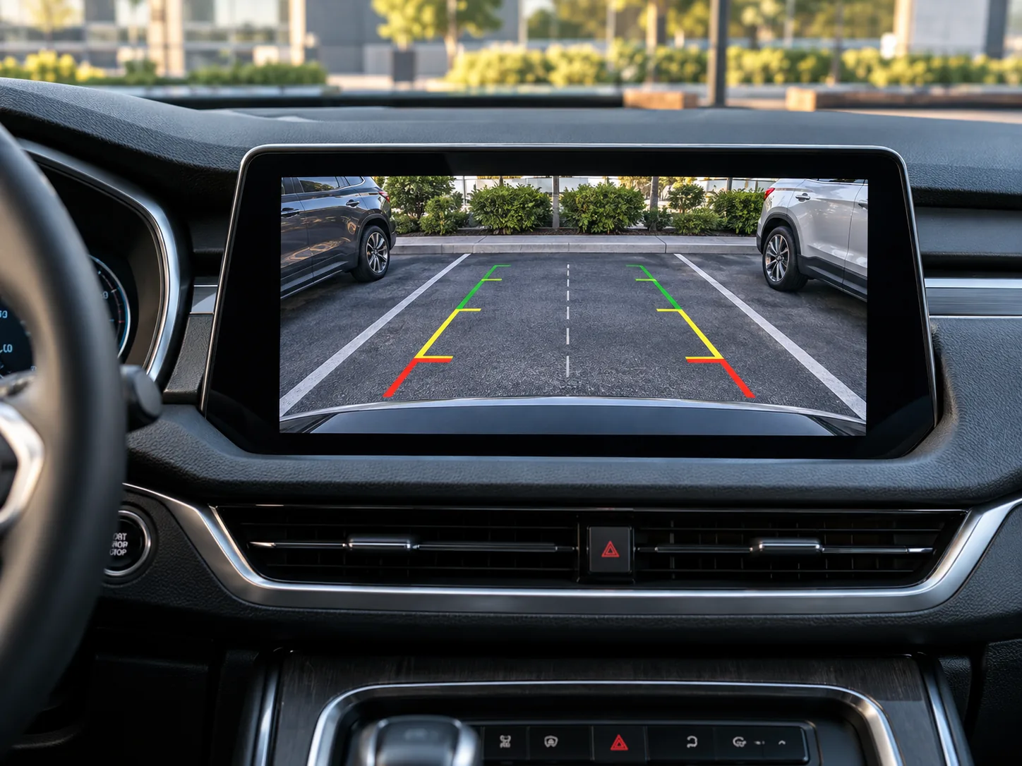 Backup camera view with parking guidance on a vehicle display