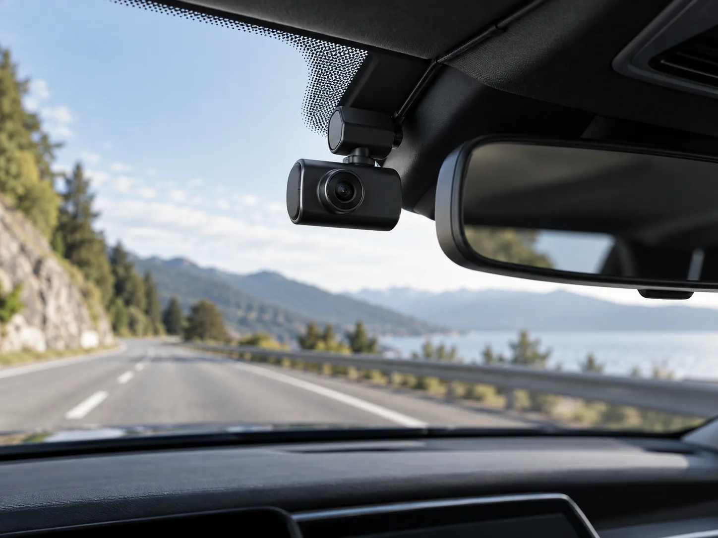 Discreet dash camera mounted beside a rear-view mirror