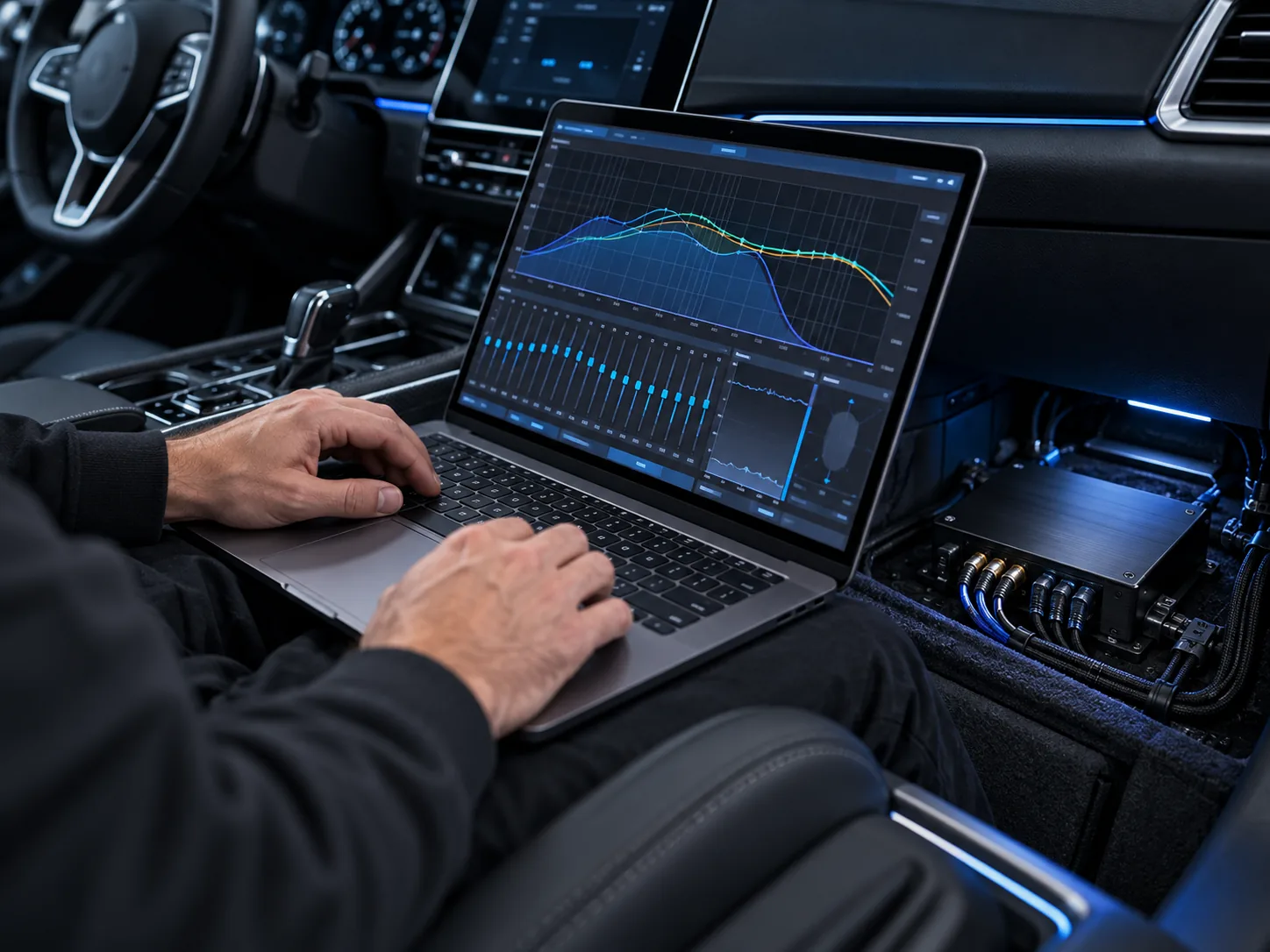 Audio system tuning on a laptop beside a digital signal processor