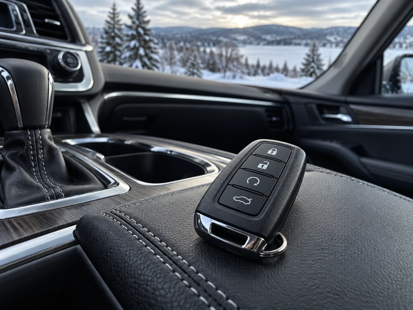 Remote start fob inside a car on a winter day