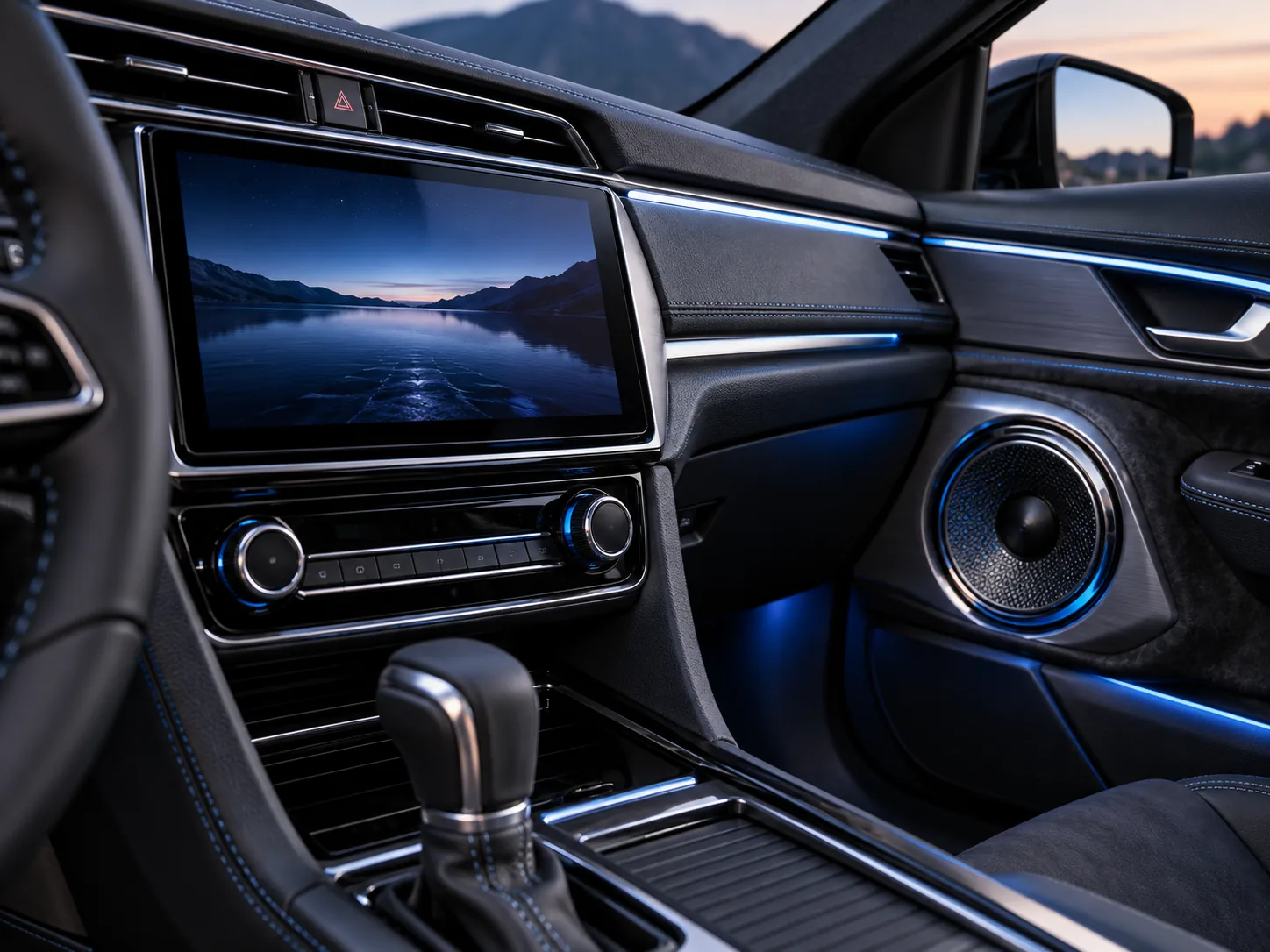 Upgraded car stereo and speaker in a modern vehicle