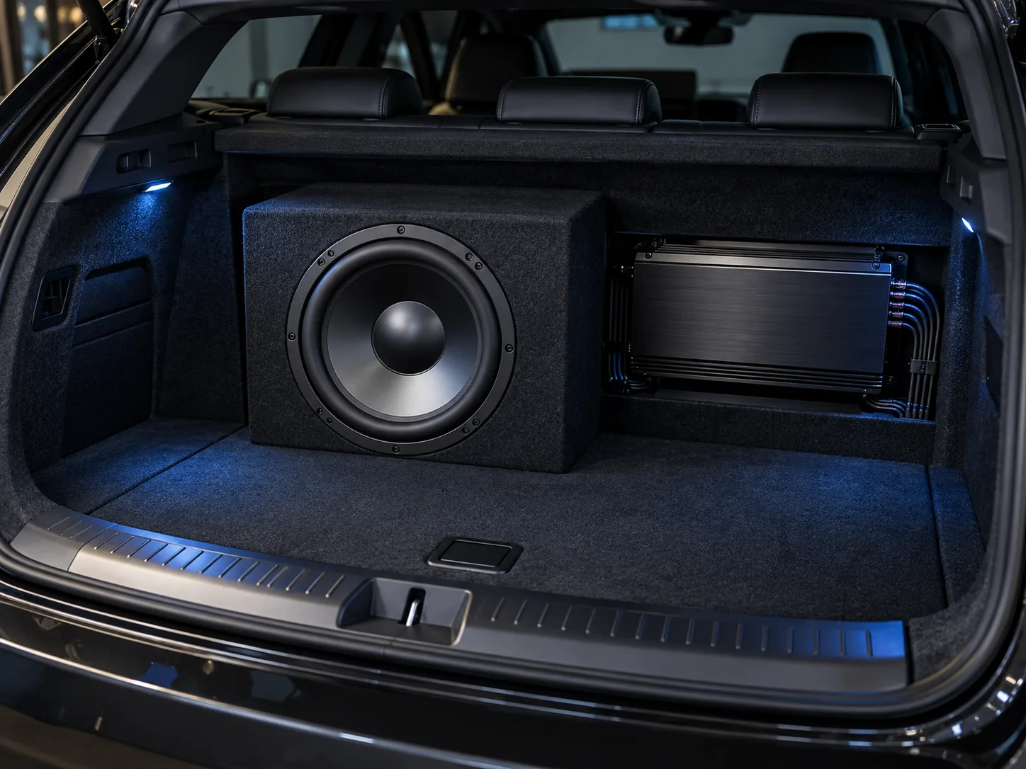 Subwoofer enclosure and amplifier installed in a vehicle cargo area